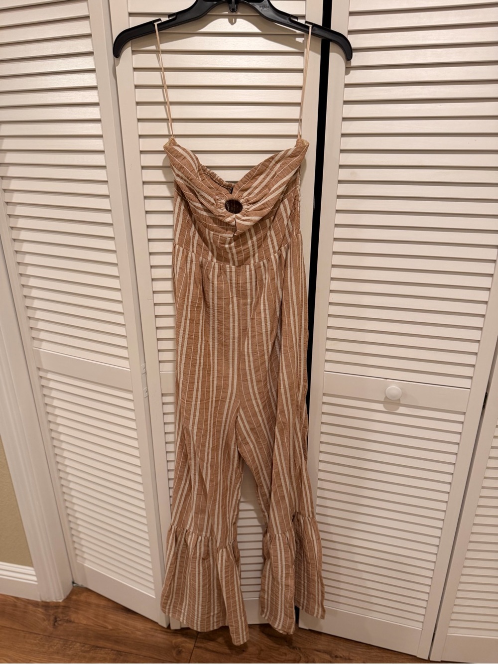 Vici Tan and White Striped Wide-Leg Jumpsuit with Spaghetti Straps
